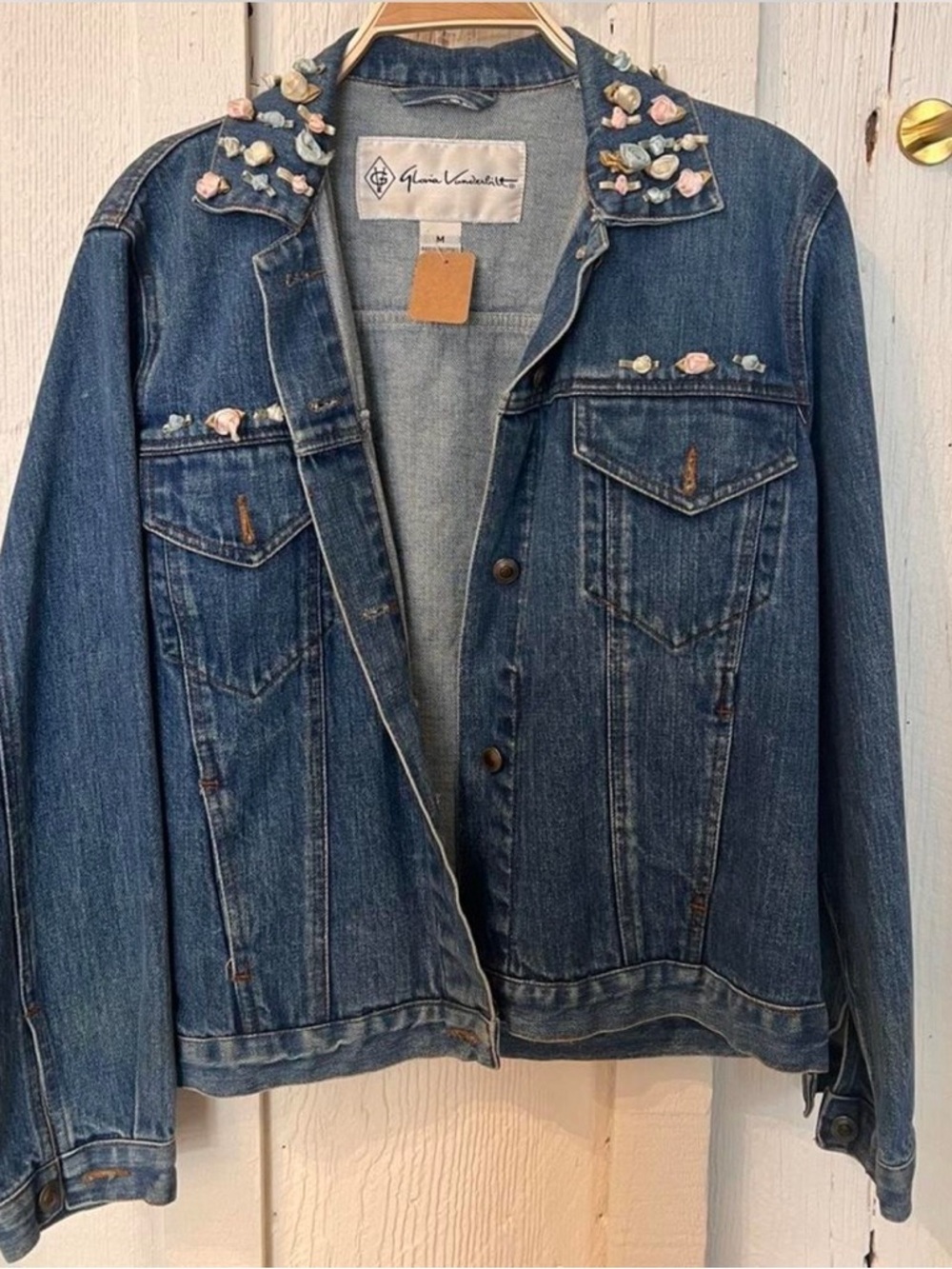 Gloria Vanderbilt Distressed Blue Denim Jacket with Embroidered Floral Trim